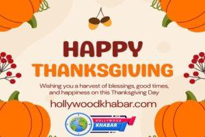Graphic design with pumpkins, acorns, and the text 'Happy Thanksgiving' along with the website URL.