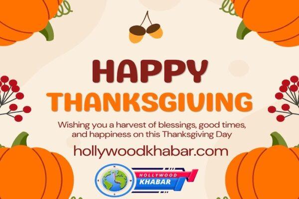 Graphic design with pumpkins, acorns, and the text 'Happy Thanksgiving' along with the website URL.