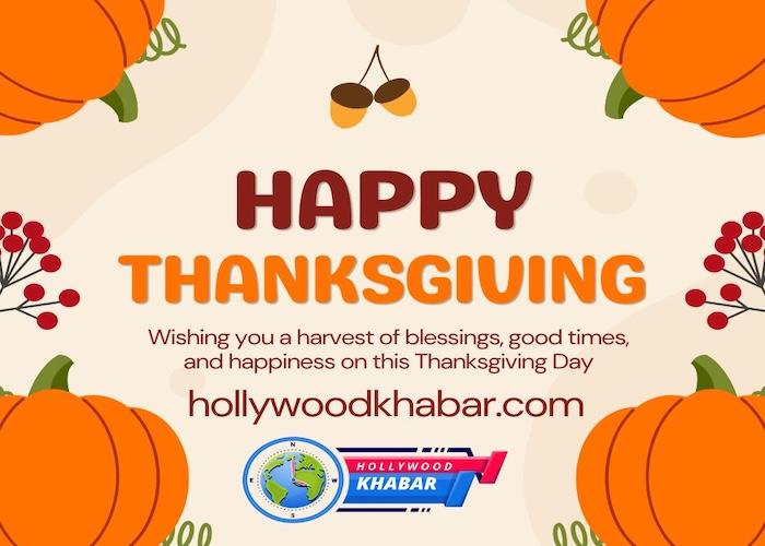 Graphic design with pumpkins, acorns, and the text 'Happy Thanksgiving' along with the website URL.