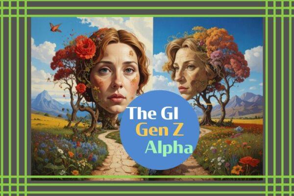 Artwork depicting faces of women integrated with trees and flowers, symbolizing generations GI, Gen Z, and Alpha.