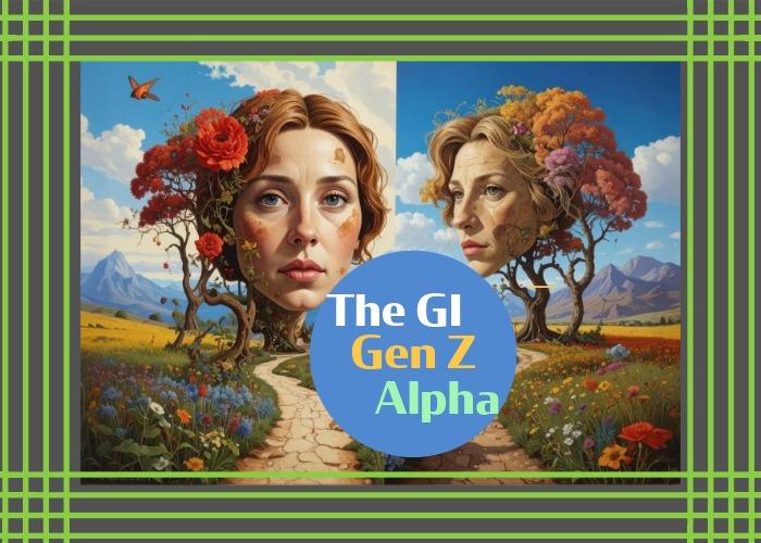Artwork depicting faces of women integrated with trees and flowers, symbolizing generations GI, Gen Z, and Alpha.