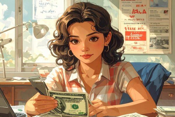 Illustration of a young woman with curly hair counting U.S. dollar bills in an indoor setting.