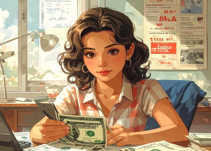 Illustration of a young woman with curly hair counting U.S. dollar bills in an indoor setting.
