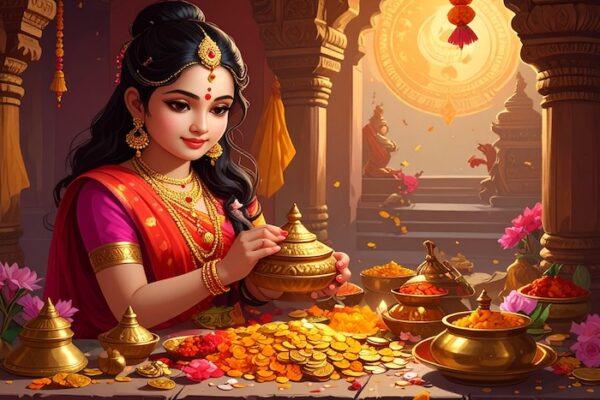 A young girl in traditional attire performing Laxmi Puja with decorative items and offerings.