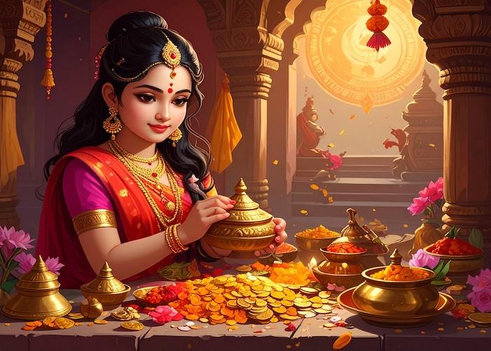 A young girl in traditional attire performing Laxmi Puja with decorative items and offerings.