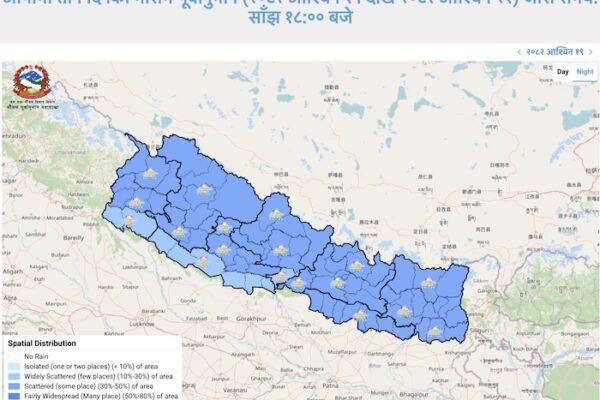Weather forecast map showing spatial distribution of weather conditions across Nepal from October 5 to 8.