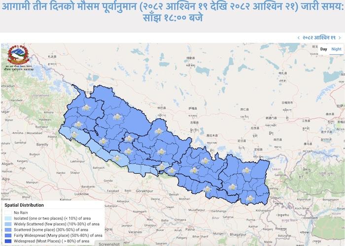 Weather forecast map showing spatial distribution of weather conditions across Nepal from October 5 to 8.