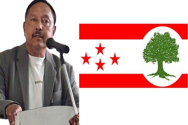 A man speaking at a podium with a political flag featuring a tree and stars in the background.