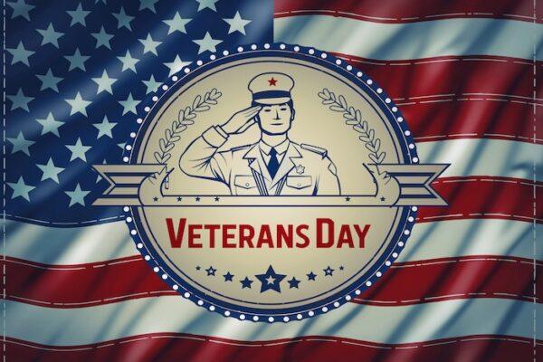 Graphic representation of Veterans Day featuring a soldier saluting against an American flag background.