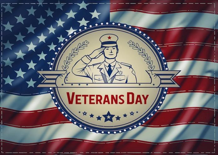 Graphic representation of Veterans Day featuring a soldier saluting against an American flag background.